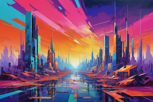 futuristic landscape,colorful city,vast,cityscape,metropolis,cyberpunk,space art,neon arrows,futuristic,fantasy city,alien world,scifi,destroy,sci-fi,sci - fi,seismic,vapor,alien planet,panoramical,80's design,Illustration,Vector,Vector 07