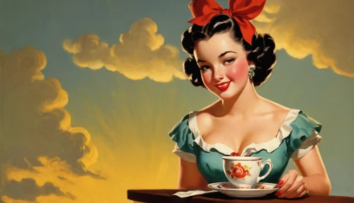 woman drinking coffee,girl with cereal bowl,woman with ice-cream,cigarette girl,woman holding pie,woman at cafe,woman eating apple,café au lait,coffee background,tea time,pin ups,tea drinking,british tea,caffè americano,irish coffee,valentine day's pin up,retro pin up girl,cup of coffee,tea card,waitress,Illustration,Retro,Retro 10