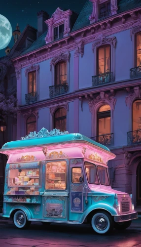 ice cream van,ice cream cart,food truck,ice cream stand,ice cream shop,moon car,retro diner,stylized macaron,battery food truck,ice cream parlor,diner,star kitchen,vwbus,pastry shop,night scene,50's style,bakery,mobile home,donut illustration,camper van,Conceptual Art,Fantasy,Fantasy 22