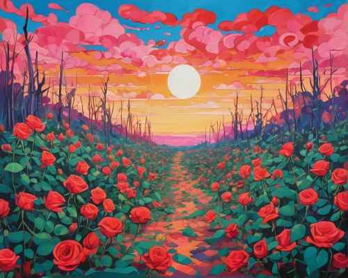 way of the roses,blooming field,flower field,landscape rose,sky rose,field of flowers,tulip field,free land-rose,flower painting,poppy field,bella rosa,flowers field,flowerful desert,rose drive,poppy fields,flower in sunset,field of poppies,red sky,sun roses,blue moon rose,Illustration,Vector,Vector 07