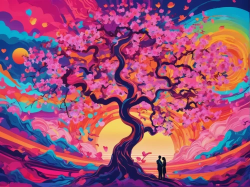 colorful tree of life,colorful background,colorful heart,tree of life,magic tree,background colorful,heart background,flourishing tree,couple silhouette,tree heart,painted tree,tangerine tree,loving couple sunrise,two people,valentines day background,kaleidoscopic,kaleidoscope,kaleidoscope art,garden of eden,colorful,Conceptual Art,Oil color,Oil Color 23