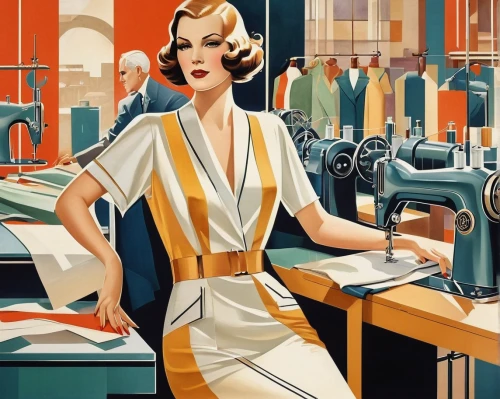 art deco woman,laundress,seamstress,sewing factory,vintage illustration,art deco,dressmaker,switchboard operator,telephone operator,female worker,art deco background,retro women,vintage fashion,dry cleaning,tailor,sewing machine,workroom,1940 women,1920's retro,vintage print,Illustration,Vector,Vector 18