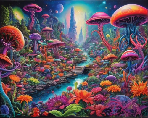 mushroom landscape,coral reef,mushroom island,psychedelic art,mushrooms,fairy world,fairy forest,alien world,psychedelic,forest of dreams,fairy village,wonderland,underwater landscape,cubensis,lsd,garden of eden,acid lake,cartoon forest,underwater oasis,aquarium,Conceptual Art,Sci-Fi,Sci-Fi 13