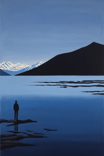 salt-flats,blue painting,man at the sea,olle gill,spaciousness,salt flat,blue hour,carcross,carol colman,glacial lake,loch,solitude,northernlight,lago grey,calm waters,isolated,calm water,nordland,the salar de uyuni,evening lake,Conceptual Art,Oil color,Oil Color 13