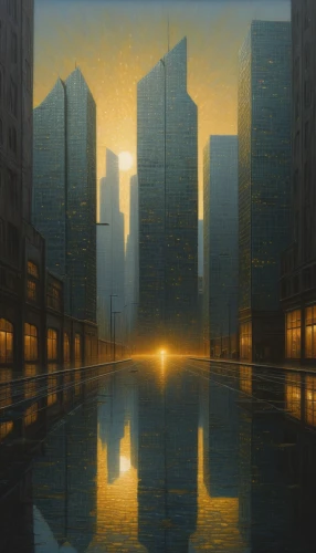 cityscape,metropolis,skyscrapers,evening city,city scape,golden rain,night scene,goldenlight,evening atmosphere,tall buildings,futuristic landscape,parallel worlds,city in flames,oil painting on canvas,morning illusion,dawn,financial world,first light,high-rises,city buildings,Conceptual Art,Daily,Daily 30