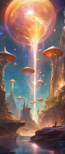 mushroom landscape,mushroom island,fantasy landscape,futuristic landscape,alien world,fantasy picture,cosmos field,fungal science,fantasy art,sci fiction illustration,fantasy world,fairy world,cg artwork,mushrooms,alien planet,cosmos,mushroom cloud,ufos,apiarium,arcanum,Illustration,Realistic Fantasy,Realistic Fantasy 01