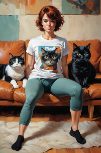 girl in t-shirt,cat family,cat's cafe,cat lovers,felines,girl with cereal bowl,cats,cat portrait,cloves schwindl inge,artist portrait,self-portrait,domestic cat,domestic short-haired cat,cat furniture,cat mom,pets,woman sitting,isolated t-shirt,two cats,cattles,Conceptual Art,Oil color,Oil Color 04