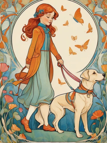 girl with dog,mucha,kate greenaway,art nouveau,art nouveau design,boy and dog,art nouveau frame,dog illustration,fairy tale icons,autumn icon,fairy tale character,autumn idyll,throwing leaves,companion dog,vintage illustration,fairy tales,fairytale characters,girl in the garden,canidae,scent hound,Illustration,Retro,Retro 08