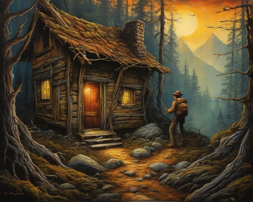 house in the forest,log cabin,small cabin,outhouse,wooden hut,log home,lonely house,the cabin in the mountains,little house,cabin,wooden house,home landscape,cottage,small house,summer cottage,witch's house,lodging,the threshold of the house,fairy door,wooden houses,Illustration,Realistic Fantasy,Realistic Fantasy 34
