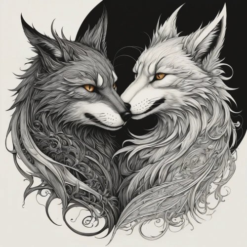 wolf couple,two wolves,foxes,wolves,werewolves,werewolf,sun and moon,amorous,wolf's milk,kitsune,constellation wolf,bird couple,couple boy and girl owl,wolf,canis lupus,raccoons,canines,swirl,companion,druids,Illustration,Black and White,Black and White 01