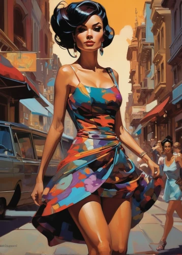 girl walking away,girl in a long dress,woman walking,flamenco,a girl in a dress,woman shopping,havana,world digital painting,cocktail dress,retro woman,retro women,fashion illustration,rosa ' amber cover,a pedestrian,female runner,orientalism,pedestrian,twirl,cigarette girl,girl in cloth,Conceptual Art,Oil color,Oil Color 04