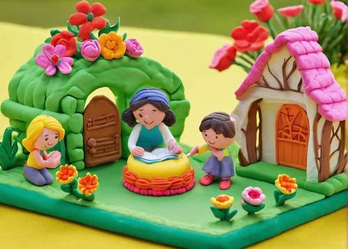 marzipan figures,easter cake,fairy house,lego pastel,fairy village,fairy door,clay animation,garden decoration,a cake,flower decoration,playmobil,edible flowers,children's playhouse,easter decoration,cake wreath,cake decorating,girl and boy outdoor,farm background,easter theme,playset,Unique,3D,Clay