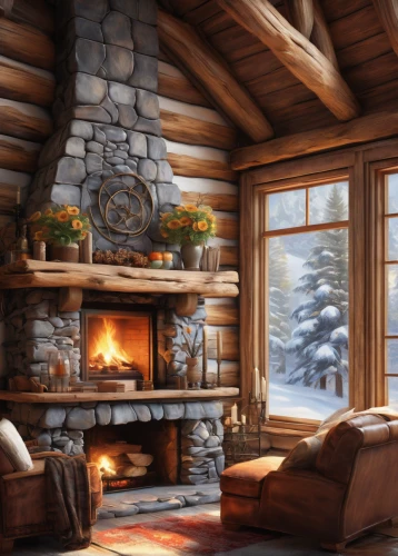 christmas fireplace,warm and cozy,fireplace,winter house,log cabin,fire place,the cabin in the mountains,log home,fireplaces,log fire,warmth,christmas landscape,winter window,winter background,wood stove,cabin,small cabin,snow scene,winter landscape,rustic,Illustration,Paper based,Paper Based 11