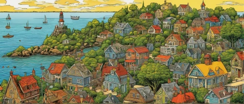 archipelago,escher village,thimble islands,hanseatic city,houses clipart,seaside resort,fishing village,city cities,aurora village,resort town,fantasy city,island of rab,bergen,scandinavia,island of juist,wooden houses,floating huts,knight village,background image,trondheim,Illustration,Retro,Retro 24