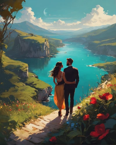 summer evening,idyll,romantic scene,landscape background,overlook,summer day,romantic portrait,world digital painting,honeymoon,springtime background,lakeside,high landscape,idyllic,late summer,landscape,promenade,hikers,autumn idyll,ocean view,one autumn afternoon,Conceptual Art,Fantasy,Fantasy 06