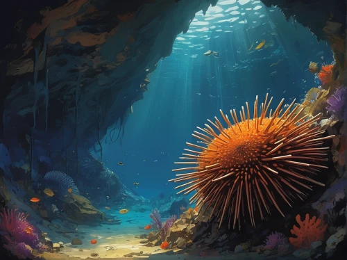 sea-urchin,sea urchin,urchin,sea urchins,undersea,large anemone,sea anemone,star anemone,deep sea,ray anemone,sea life underwater,anemone of the seas,the bottom of the sea,under sea,under the sea,urchins,sea-life,sea cave,filled anemone,deep sea nautilus,Conceptual Art,Sci-Fi,Sci-Fi 01