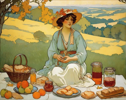 girl with bread-and-butter,woman eating apple,girl picking apples,woman holding pie,cream tea,picnic,girl in the kitchen,breakfast on board of the iron,bellini,mucha,autumn idyll,apricots,harvest festival,girl with cereal bowl,kate greenaway,garden breakfast,woman with ice-cream,apple harvest,apple jam,picnic basket,Illustration,Retro,Retro 03