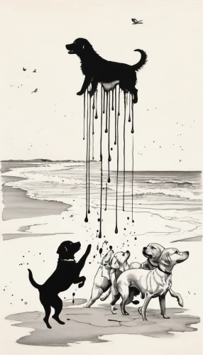 dog illustration,murder of crows,flying dogs,ocean pollution,bay of pigs,animal migration,rain cats and dogs,saltwater,animal silhouettes,walking dogs,anthropomorphized animals,herding dog,dog walker,whales,flying dog,crows,sea monsters,stray dogs,whimsical animals,hunting dogs,Illustration,Black and White,Black and White 34