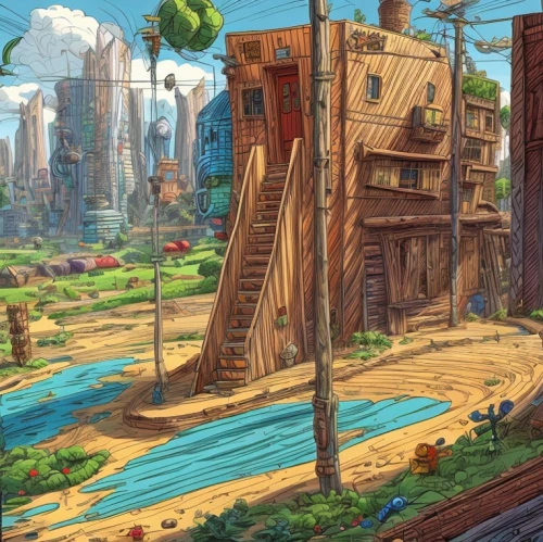 wooden houses,wooden construction,eco-construction,stilt houses,skyscraper town,mountain settlement,settlement,hanging houses,ancient city,aurora village,tree house,treehouse,wooden planks,sky apartment,mud village,building valley,human settlement,resort town,docks,popeye village,Game Scene Design,Game Scene Design,Cartoon Style