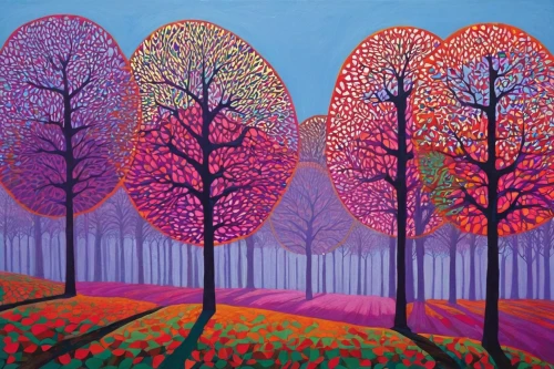 autumn trees,tree grove,purple landscape,forest landscape,beech trees,row of trees,autumn landscape,mushroom landscape,autumn forest,magnolia trees,birch forest,tommie crocus,the trees in the fall,trees in the fall,chestnut forest,red tree,the trees,saplings,frutti di bosco,red leaves,Conceptual Art,Oil color,Oil Color 14