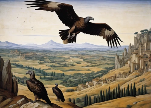 eagle illustration,california condor,andean condor,griffon vulture,steppe eagle,falconiformes,imperial eagle,black vulture,ganymede,condor,wool head vulture,of prey eagle,mountain hawk eagle,hunting scene,corvidae,golden eagle,eagle,gryphon,flying hawk,edward lear,Art,Classical Oil Painting,Classical Oil Painting 34