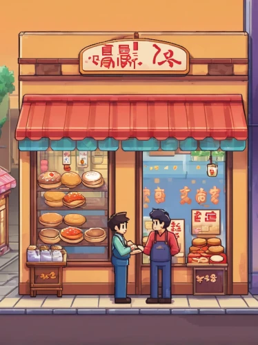 convenience store,bakery,pastry shop,shopkeeper,cake shop,ice cream shop,store front,ice cream stand,flower shop,fast food restaurant,bubble tea,xiaolongbao,chinese restaurant,shops,grocery,chinatown,kitchen shop,gold shop,donut illustration,food hut,Unique,Pixel,Pixel 05