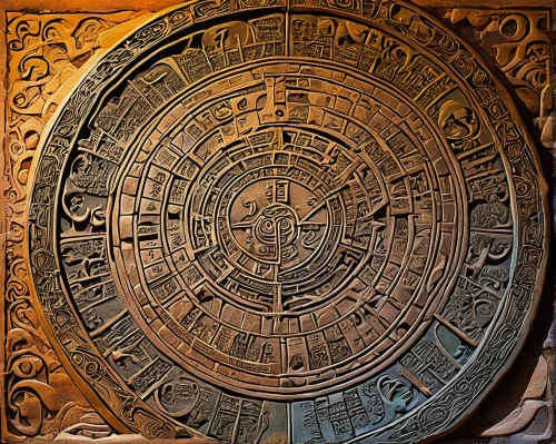 the aztec calendar,mexican calendar,maya civilization,hieroglyphs,mesoamerican ballgame,aztec,hieroglyph,hieroglyphics,sun dial,stargate,carvings,dart board,yantra,zodiac,carved wood,ancient egypt,ancient art,incas,ancient icon,maya city,Illustration,Japanese style,Japanese Style 13