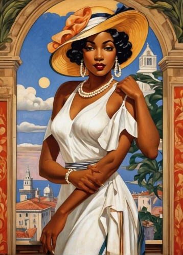 african american woman,panama hat,art deco woman,african woman,beautiful african american women,black woman,vintage art,yellow sun hat,the hat of the woman,black women,afro american,afro-american,antigua,tiana,cleopatra,lily of the nile,cuba background,a woman,orientalism,venetian,Illustration,Realistic Fantasy,Realistic Fantasy 21