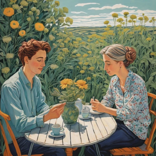 young couple,flower painting,florists,picking flowers,tearoom,cloves schwindl inge,cream tea,as a couple,women at cafe,flower arranging,sunflowers in vase,goldenrod tea,carol colman,conversation,coffee tea illustration,idyll,dandelion coffee,fabric painting,afternoon tea,knitting,Illustration,Black and White,Black and White 15