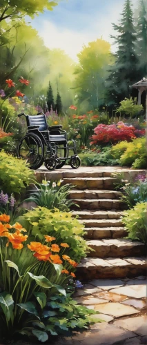 flower cart,garden bench,flower garden,springtime background,flower painting,landscape background,watercolor background,home landscape,spring background,cottage garden,world digital painting,english garden,nature garden,japan garden,landscaping,japanese floral background,park bench,to the garden,flower car,sake gardens,Illustration,Paper based,Paper Based 03