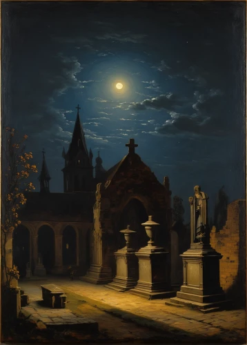 night scene,at night,moonlit night,constable,kunsthistorisches museum,delft,mortuary temple,night image,night view,gothic church,saint mark,nocturnes,sepulchre,light of night,night watch,haunted cathedral,flemish,moonlit,necropolis,in the evening,Art,Classical Oil Painting,Classical Oil Painting 07