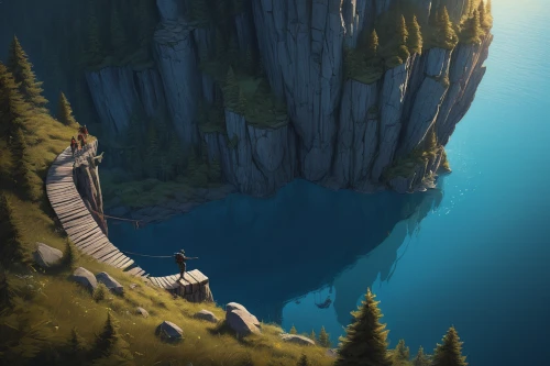 cliffs,alpine crossing,steep,trolltunga,ravine,overlook,canyon,tower fall,cliff jumping,take-off of a cliff,chasm,hiking path,mountainside,cliff,the descent to the lake,goat mountain,base jumping,high landscape,limestone cliff,the cliffs,Illustration,Realistic Fantasy,Realistic Fantasy 28