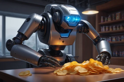 chips,digital compositing,robotics,social bot,artificial intelligence,potato chips,minibot,robot,robots,cinema 4d,bot,machine learning,industrial robot,potato crisps,blender,cartoon chips,food icons,automation,chef,robot icon,Illustration,Realistic Fantasy,Realistic Fantasy 27