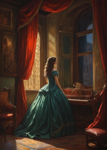 ball gown,cinderella,girl in a long dress,woman playing,romantic portrait,victorian lady,world digital painting,concerto for piano,woman playing violin,mystical portrait of a girl,blue room,princess anna,meticulous painting,serenade,pianist,a girl in a dress,digital painting,waltz,art painting,fantasy picture,Conceptual Art,Fantasy,Fantasy 15