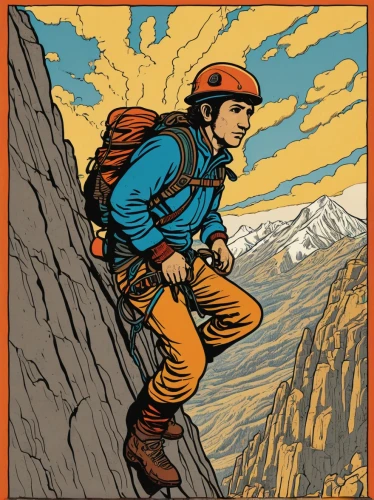 mountain guide,mountain rescue,via ferrata,mountaineer,climbing helmet,hiking equipment,hiker,karakoram,fjäll,alpine climbing,climbing equipment,mountaineering,climbing helmets,travel poster,cool woodblock images,mountaineers,geologist,sport climbing helmets,men climber,kamchatka,Illustration,Vector,Vector 15