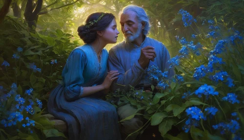 romantic portrait,fantasy portrait,old couple,idyll,serenade,fantasy picture,romantic scene,young couple,blue flowers,love in the mist,a fairy tale,digital painting,elven forest,cg artwork,whispering,mother and father,the evening light,blue petals,midsummer,elven flower,Conceptual Art,Fantasy,Fantasy 13