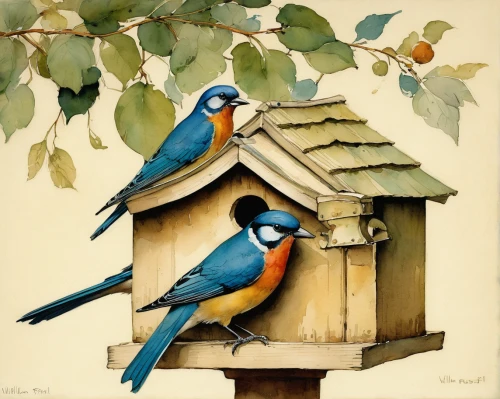birdhouses,songbirds,bird house,nest box,bird painting,birdhouse,passerine parrots,finches,nesting box,blue birds and blossom,house finches,garden birds,perched birds,swallows,bird home,wooden birdhouse,perching birds,bird couple,bird food,colorful birds,Illustration,Paper based,Paper Based 23