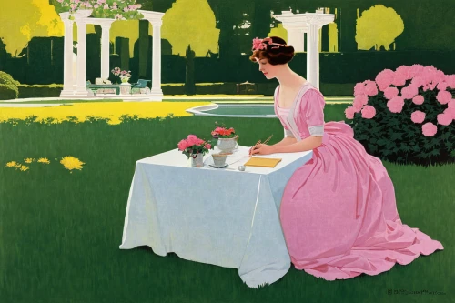 woman with ice-cream,garden party,girl in the garden,afternoon tea,woman eating apple,cream tea,tea service,alfresco,still life of spring,woman sitting,tea party,high tea,outdoor dining,barbara millicent roberts,tea drinking,woman drinking coffee,picnic,garden breakfast,woman holding pie,tea time,Illustration,Retro,Retro 15