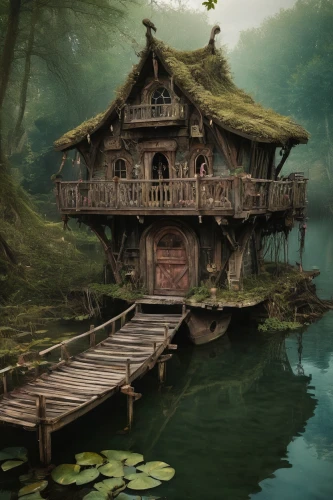 house with lake,house in the forest,house by the water,fisherman's house,houseboat,wooden house,witch's house,ancient house,boat house,boathouse,summer cottage,stilt house,cottage,lonely house,little house,house in mountains,fantasy picture,beautiful home,abandoned place,floating huts,Illustration,Realistic Fantasy,Realistic Fantasy 02