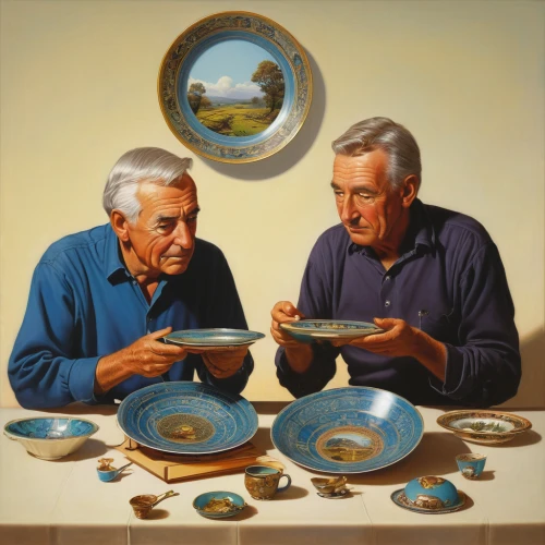singingbowls,hands holding plate,bowls,old couple,tibetan bowls,pensioners,elderly people,soup bowl,plates,grandparents,a bowl,tourtière,soused herring,saucer,chinaware,in the bowl,plate full of sand,men sitting,household silver,dishware,Conceptual Art,Sci-Fi,Sci-Fi 21