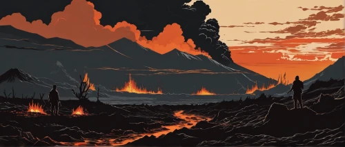 scorched earth,volcanic landscape,fire mountain,volcanic field,burned land,volcanic,fire in the mountains,post-apocalyptic landscape,volcano,burning earth,volcanos,lava,fire land,lava plain,volcanoes,volcanism,fire planet,lava river,lava dome,magma,Illustration,Black and White,Black and White 31