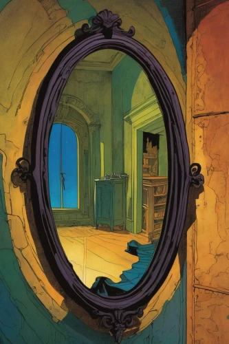 porthole,art nouveau frames,art nouveau frame,magic mirror,the mirror,round window,stargate,parabolic mirror,mirror frame,exterior mirror,door mirror,the threshold of the house,circle shape frame,caravansary,mirror of souls,keyhole,wood mirror,semi circle arch,vaulted cellar,looking glass,Conceptual Art,Fantasy,Fantasy 07