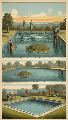 swimming pool,swimming people,water palace,illustrations,dug-out pool,water courses,swim ring,outdoor pool,gardens,artificial islands,the postcard,lake park,water game,paintings,aquaculture,pool water,pool house,fish farm,canoe polo,landscapes,Illustration,Retro,Retro 24
