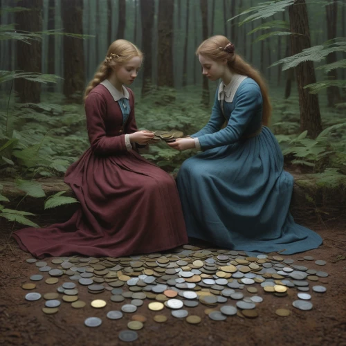 coins,windfall,pennies,oil painting on canvas,two girls,penny tree,coin,oil painting,fortune telling,ball fortune tellers,a fairy tale,tokens,cents are,treasures,circle of friends,coins stacks,fairytale characters,fairy tale icons,young women,card table,Conceptual Art,Daily,Daily 30