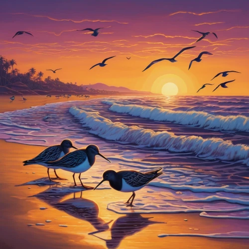 sea birds,migratory birds,seabirds,bird painting,coastal bird,shorebirds resting,tropical birds,beach landscape,sea gulls,shorebird,birds of the sea,gulls,water birds,seascape,crested terns,colorful birds,sanderlings,sunset beach,sandpipers,migratory bird,Illustration,Realistic Fantasy,Realistic Fantasy 45