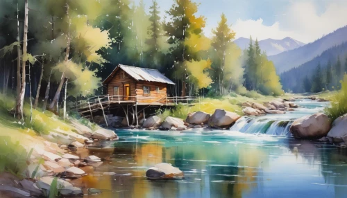 world digital painting,small cabin,house with lake,house in mountains,summer cottage,house in the mountains,the cabin in the mountains,home landscape,house by the water,house in the forest,water mill,fisherman's house,digital painting,river landscape,idyllic,cottage,landscape background,floating huts,log cabin,fishing float,Illustration,Paper based,Paper Based 11