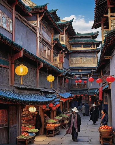 chinese architecture,asian architecture,korean folk village,suzhou,bukchon,xinjiang,namdaemun market,hanok,xi'an,marketplace,seoul,yunnan,south korea,souk,namsan hanok village,panokseon,wooden houses,japanese architecture,huashan,guizhou,Illustration,Retro,Retro 05