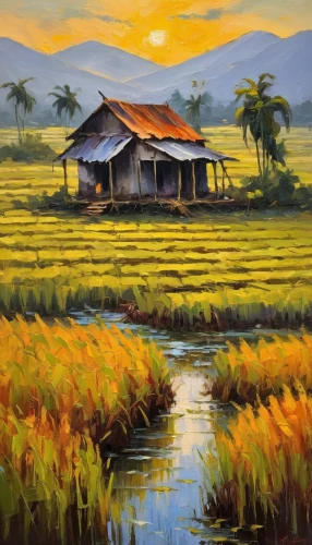 the rice field,rice fields,ricefield,rice field,vietnam,kerala,kampot,paddy field,bánh da lợn,mekong,chiang mai,chiang rai,rice paddies,cambodia,cơm tấm,rural landscape,laos,inle lake,vietnam vnd,nước chấm,Conceptual Art,Oil color,Oil Color 22