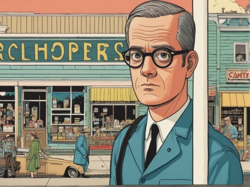 shopkeeper,lamplighter,optician,robert harbeck,reading glasses,grocer,apothecary,soda shop,spectacles,shoemaker,propane,clerk,greengrocer,walt,carpenter,merchant,shopper,the coffee shop,store fronts,butcher shop,Illustration,American Style,American Style 15