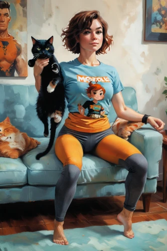 cat family,sci fiction illustration,cat mom,pets,girl with dog,teal and orange,ritriver and the cat,cat lovers,cat's cafe,companion dog,girl with cereal bowl,game illustration,cat portrait,pet portrait,game art,felines,cats,domestic cat,world digital painting,cat furniture,Conceptual Art,Oil color,Oil Color 04